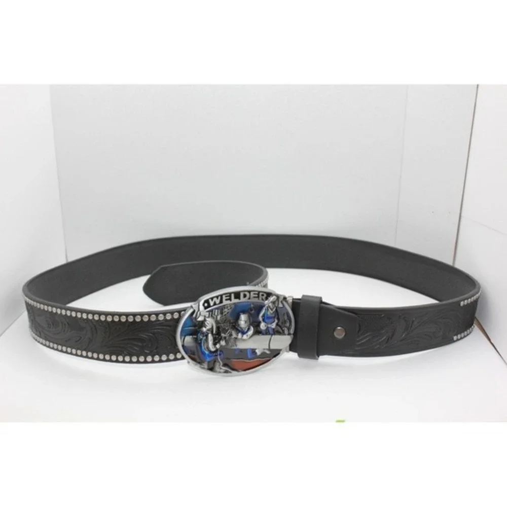 Welder Belt Buckle with Black Studded Floral Embossed Western Strap Mens